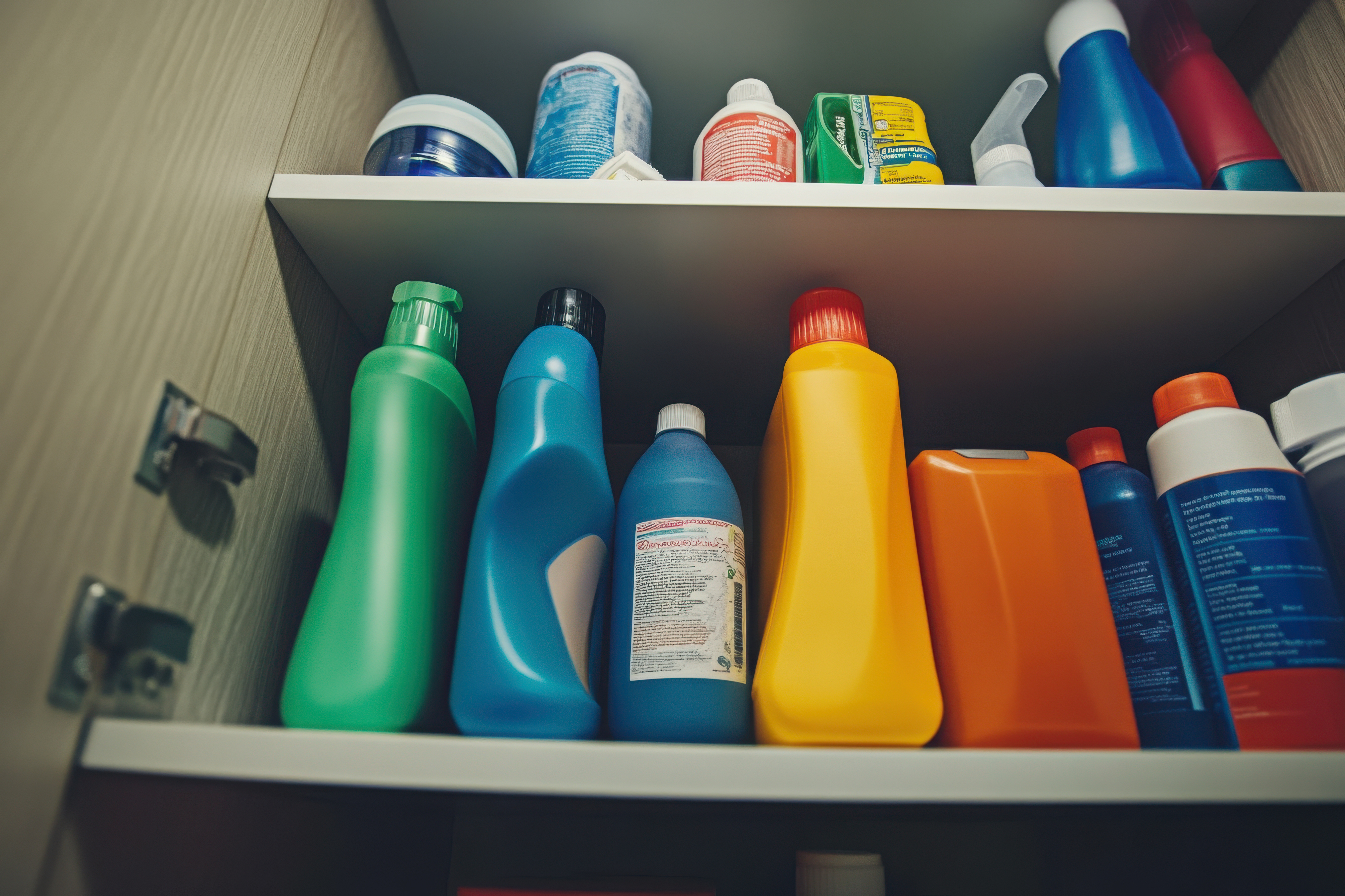 A cleaning professional organizing supplies in a sleek storage closet